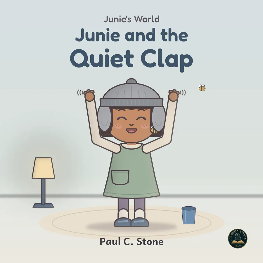 Cover of Junie and the Quiet Clap by Paul C. Stone. Junie wears her gray ear hat and holds her hands up, with a little lamp and her blue cup nearby.