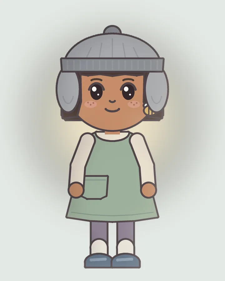 Junie stands calmly in her gray ear hat and sage green dress.